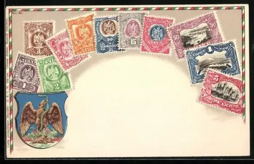 Lithographie Mexiko, Briefmarken und Wappen