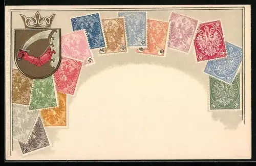 AK Briefmarken und Wappen Bosniens, Krone, Ritter mit Schwert