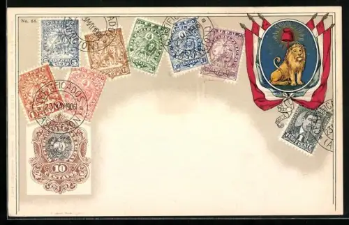 Lithographie Briefmarken von Paraguay, Wappen mit Löwe, Flaggen