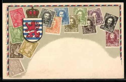 AK Luxemburg, Briefmarken und Wappen mit Krone