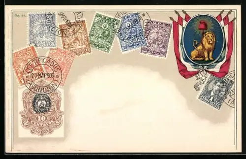 AK Briefmarken, Flaggen mit Löwen als Wappentier