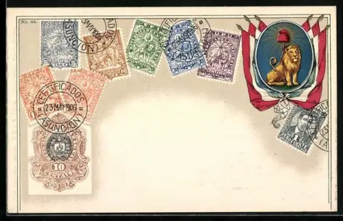 AK Briefmarken, Flaggen mit Löwen als Wappentier