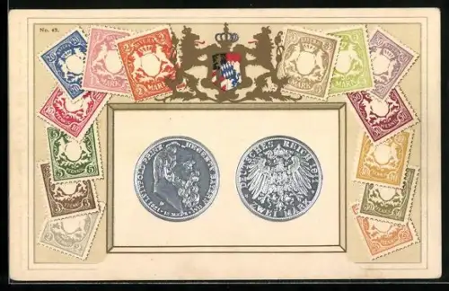 AK Zwei Reichsmark Münze umrahmt von verschiedenfarbigen Briefmarken