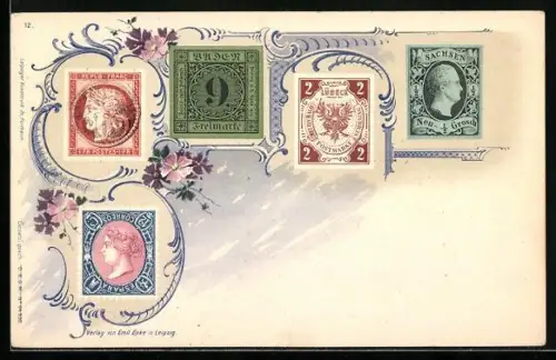 Lithographie Briefmarken Frankreichs, Lübecks, Sachsens & Spaniens