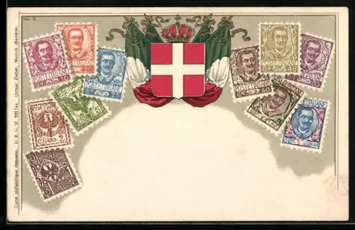 AK Briefmarken aus Italien mit Wappen, Flaggen und Krone