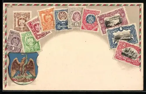 Lithographie Mexiko, Briefmarken und Wappen