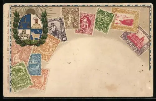AK Uruguay, Wappen & versch. Briefmarken
