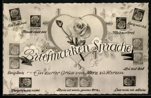 AK Briefmarkensprache, Herz mit Rose