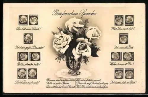 AK Briefmarken-Sprache, Blumen sind so schön erblüht...