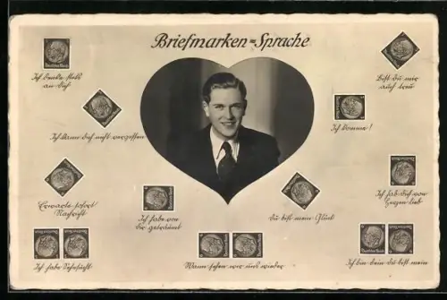 AK Mann im Herz & Systematik der Briefmarkensprache