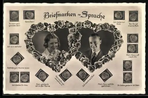 AK Briefmarkensprache, Porträts eines Paares in Rahmen aus Rosen