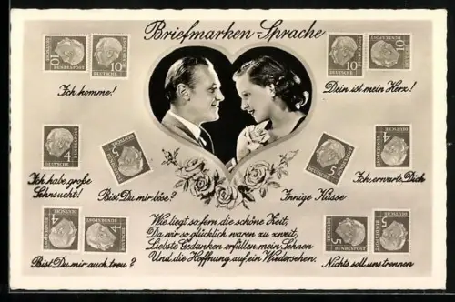 AK Briefmarkensprache, Paar in einem Herz, diverse Briefmarken