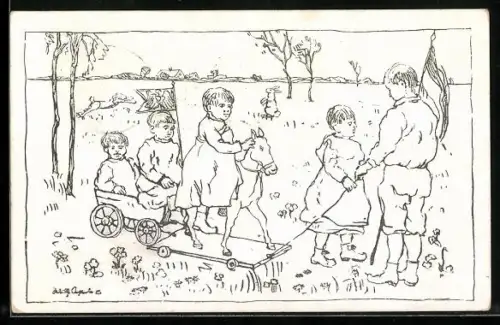 Künstler-AK Verein für Kinder-Volksküchen und Volkskinderhorte, Spielende Kinder