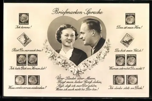 AK Briefmarkensprache, Mann schaut eine Frau an, Dein ist mein Herz, Warum schreibst du nicht?
