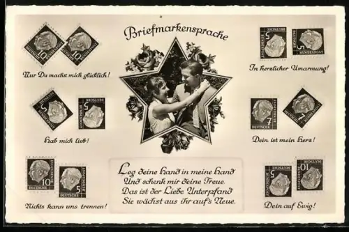 AK Briefmarkensprache, Leg deine Hand in meine Hand..., Liebespaar