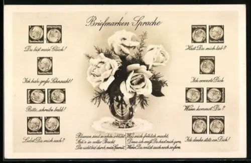 AK Briefmarken-Sprache, Blumen sind so schön erblüht...