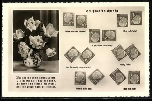 AK Briefmarkensprache für Verliebte, In herzlicher Umarmung, Dein auf ewig