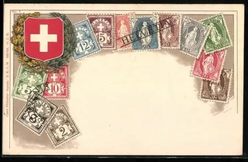 AK Schweizer Briefmarken und Wappen