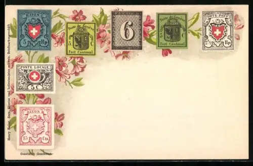 Lithographie Schweizer Briefmarken Fünf, Sechs, 15 Cents