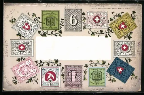 Lithographie Schweizer Briefmarken mit Efeu