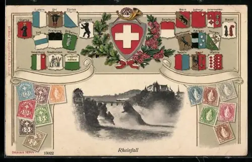 Passepartout-Lithographie Rheinfall, Rahmen mit Wappen & Briefmarken