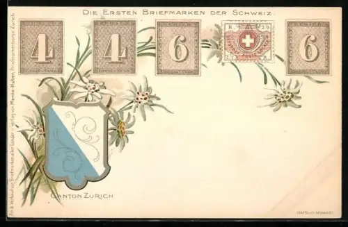 Lithographie Die erste4n Briefmarken der Schweiz, Wappen Canton Zürich