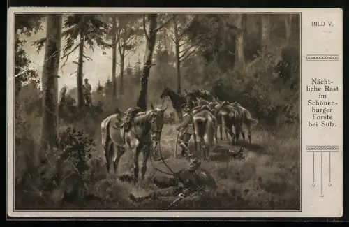 Künstler-AK Sulz, Soldaten bei der nächtlichen Rast im Schönenburger Forste