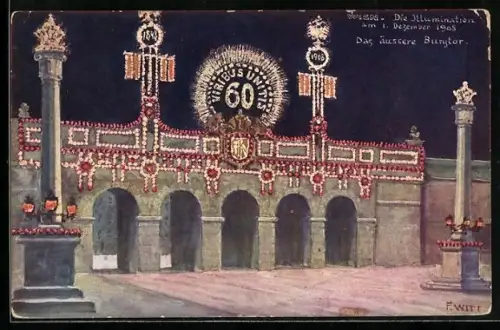 Künstler-AK Wien, Hofburg, Illumination am 1.12.1908, das äussere Burgtor