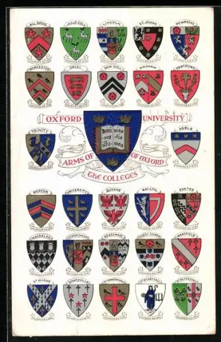 Künstler-AK Oxford, Oxford University, Arms, The Colleges, Worcester founded a. d. 1437, Wadham founded a. d. 1613