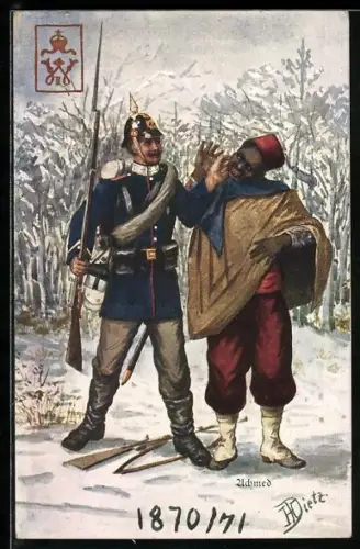 AK Soldat d. Infanterie-Regiment Kaiser Wilhelm Nr. 116 mit Achmed, Reichseinigungskriege