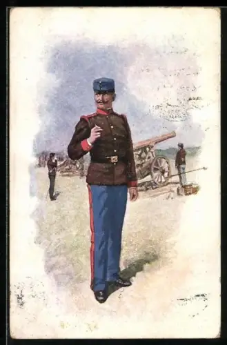 Künstler-AK Österreichischer Soldat in Uniform vor einem Geschütz