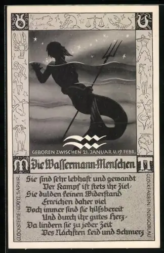 AK Sternzeichen Wassermann, Wassermann mit Dreizack unterm Nachthimmel