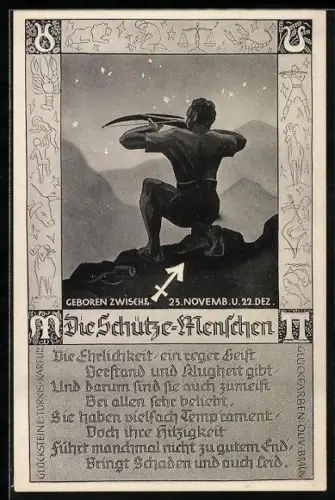 AK Sternzeichen Schütze, Eigenschaften der Schütze-Menschen, Schütze mit Armbrust auf einem Berggipfel