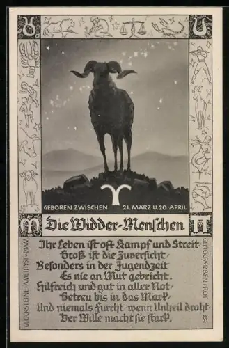 AK Das Sternzeichen Widder, Abbild eines Widders, kurze Charakteresierung