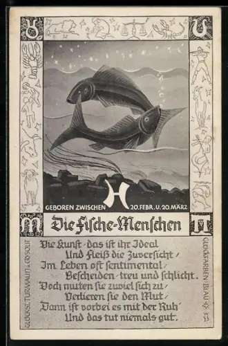 AK Sternzeichen Fische, Fische im Wasser unter dem Sternenhimmel, Horoskop