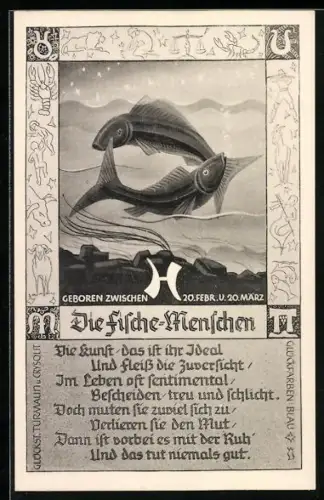 AK Sternzeichen Fische, Fische im Wasser unter dem Sternenhimmel, Horoskop