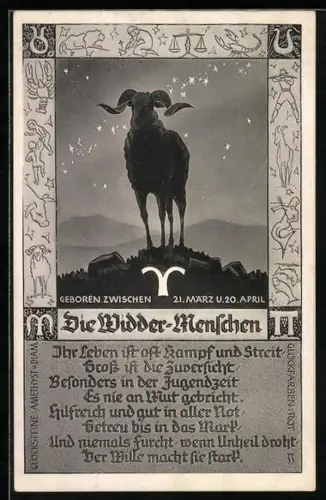 AK Das Sternzeichen Widder, Abbild eines Widders, kurze Charakteresierung