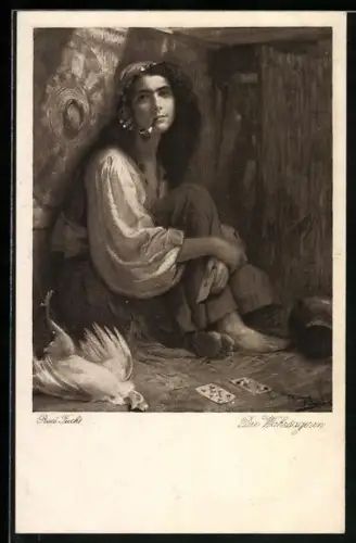 Künstler-AK sign. Rud. Fuchs: Wahrsagerin beim Kartenlesen