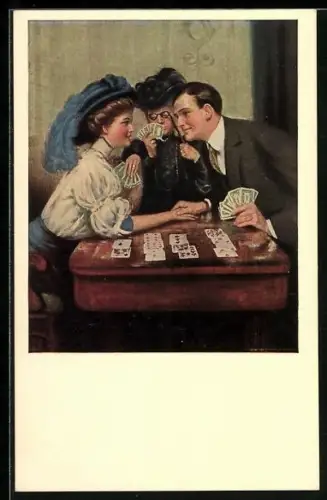 Künstler-AK Clarence F. Underwood: Liebespaar beim Kartenspiel