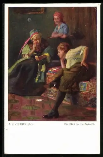 Künstler-AK Ein Blick in die Zukunft, Hellseherin deutet einer Frau die Zukunft mit Hilfe von Karten