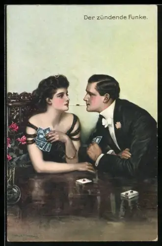 Künstler-AK Clarence F. Underwood: Herr entzündet die Zigarette einer Dame beim Kartenspiel