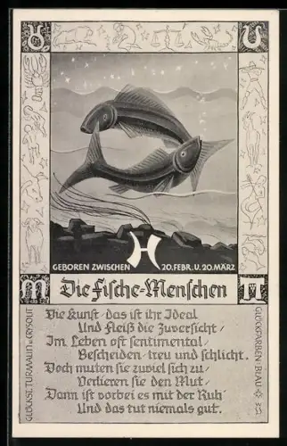 AK Sternzeichen Fische, Fische im Wasser unter dem Sternenhimmel, Horoskop