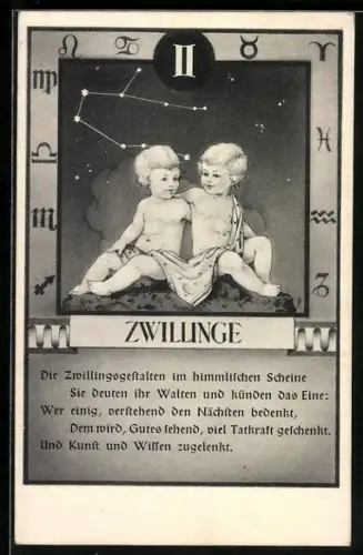 AK Sternzeichen Zwillinge, Die Zwillingsgestalten im himmlischen Scheine...