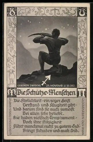 AK Sternzeichen Schütze, Eigenschaften der Schütze-Menschen, Schütze mit Armbrust auf einem Berggipfel