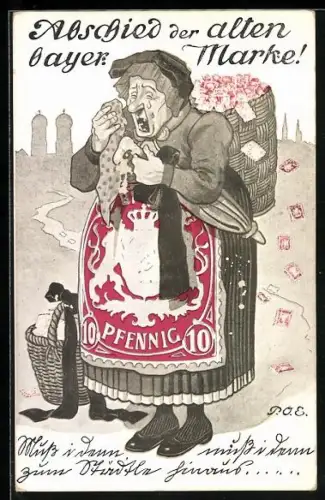 Künstler-AK P. O. Engelhard (P. O. E.): Abschied der alten bayer. Marke!, heulende Alte mit Briefmarkenschürze