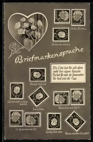 AK Briefmarkensprache, Rosenstrauss im Herz