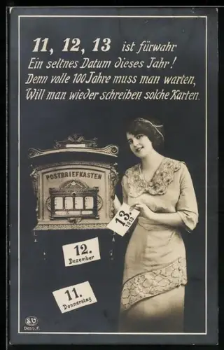 AK Frau mit Briefen an einem Postbriefkasten vom 11.12.1913