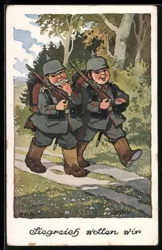 Künstler-AK P. O. Engelhard (P.O.E.): Junge Soldaten marschieren mit Pickelhaube und Gewehr