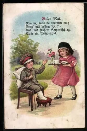 Lithographie Schwester vom Roten Kreuz umsorgt verwundeten Soldaten