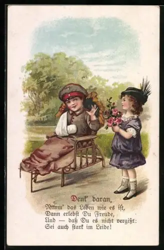 Künstler-AK Kleiner Junge in Uniform mit bandagierten Arm bekommt Blumen geschenkt, Kinder Kriegspropaganda